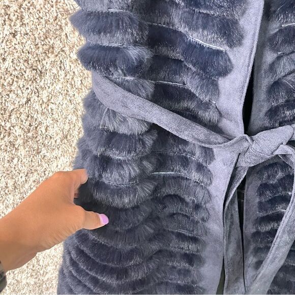 Love Token Vest Women’s Small Dark Blue 100% Rabbit Fur & Suede Waist Tie Long - Picture 3 of 7